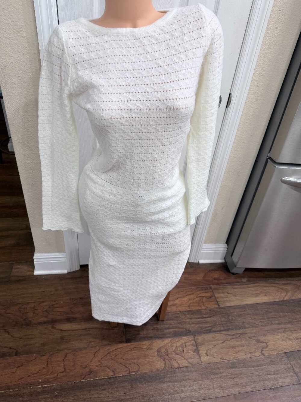 Ivory Pointelle Knit Maxi Dress Small Long Sleeve Romantic Boho Bridal